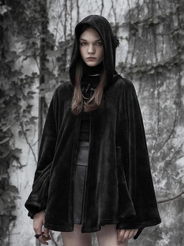 Dark Goth Solid Color Velvet Moon Shaped Batwing Sleeve Hooded Cape