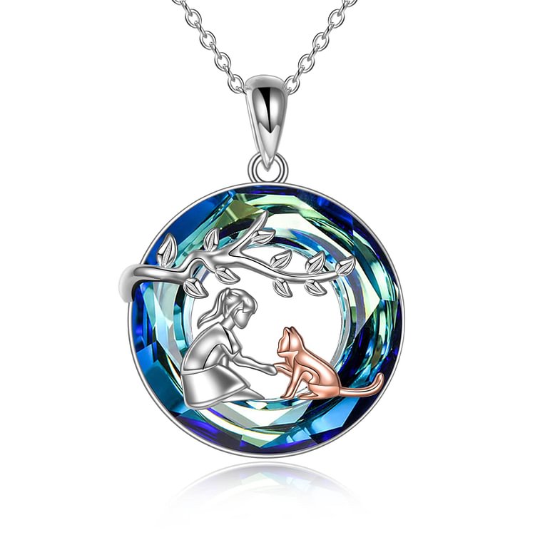 S925 A Girl and Her Cat Crystal Necklace