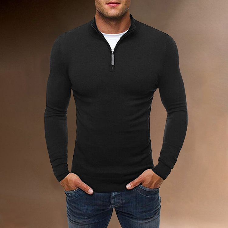 BrosWear Fall Winter Casual Slim Fit High Neck Knit Zipper Collar Sweater black