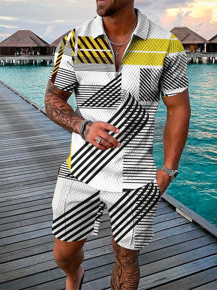 Men's Casual Holiday Art Line Printing Polo Suit