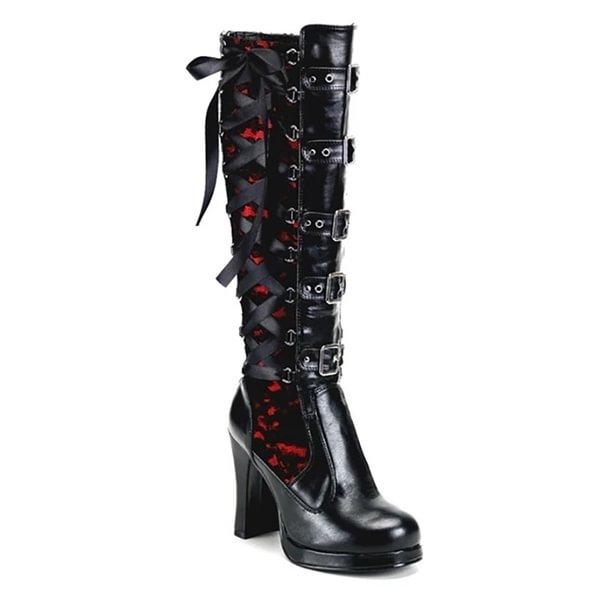 Medieval Steampunk Women Gothic Lolita Knee High Boots Punk Style High Heel PU Leather Boots Cute Zipper Buckle Lace Up Bandage Boots Autumn Winter Black Platform Tall Boots