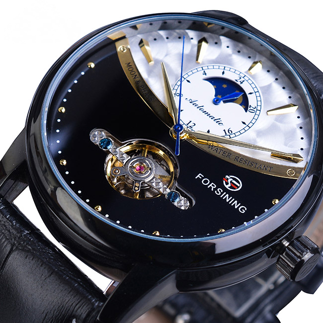 Leather Strap Automatic Mechanical Golden Moon Phase Royal Men Watch