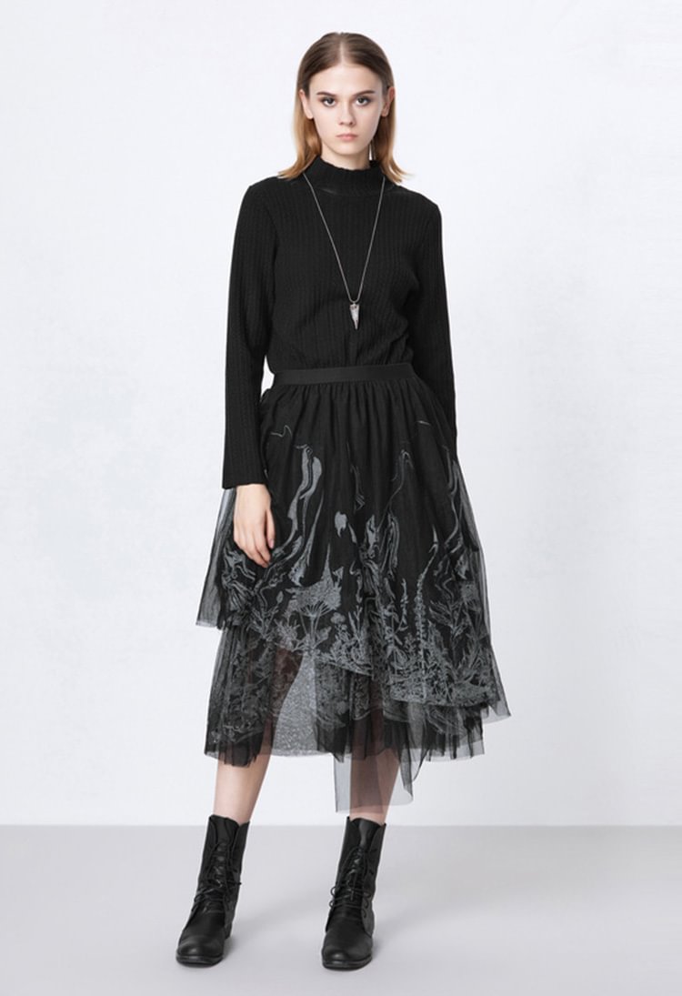 SDEER Half-high Neck Mesh Print Stitching Long-sleeved Knitted Dress
