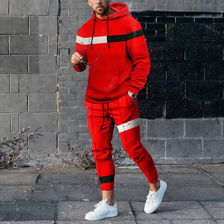 BrosWear Contrasting Geometric Red Tracksuit Two Piece Set