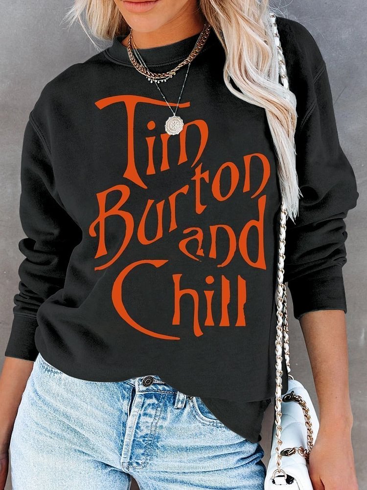 Tim Burton and Chill Print Long Sleeve Sweatshirt-Mayoulove