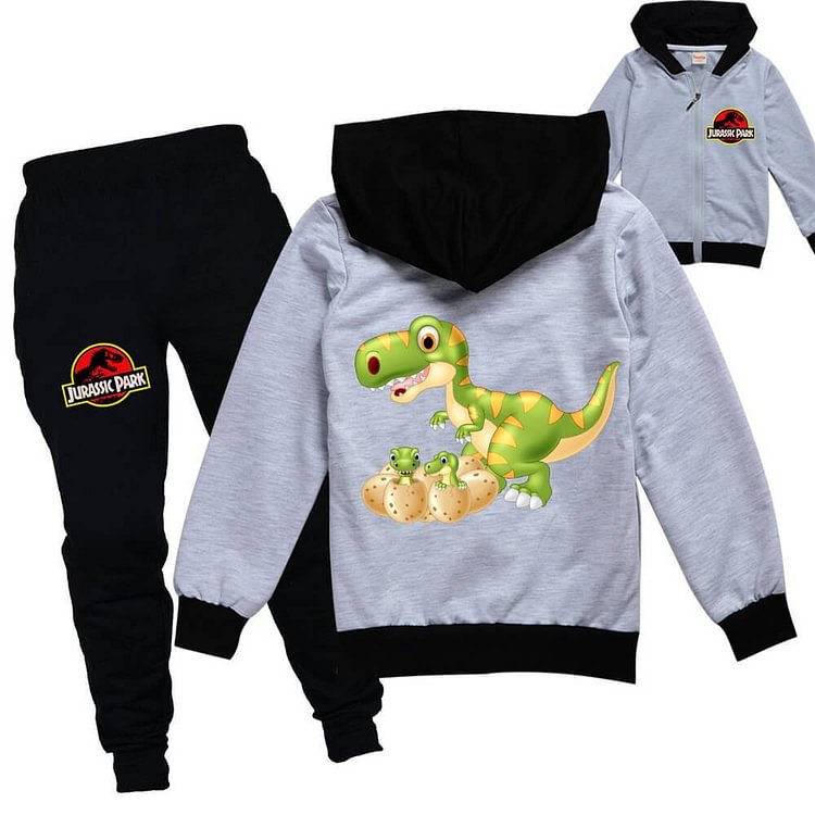 Cute Jurassic Park Dinosaur Print Girls Boys Zip Up Hoodie Pants Suit-Mayoulove