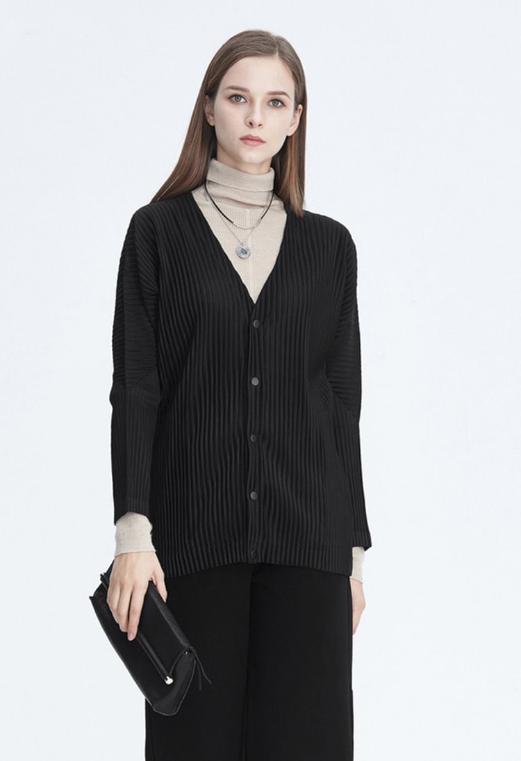 SDEER Casual V-neck Texture Pleated Stitching Pure Black Jacket