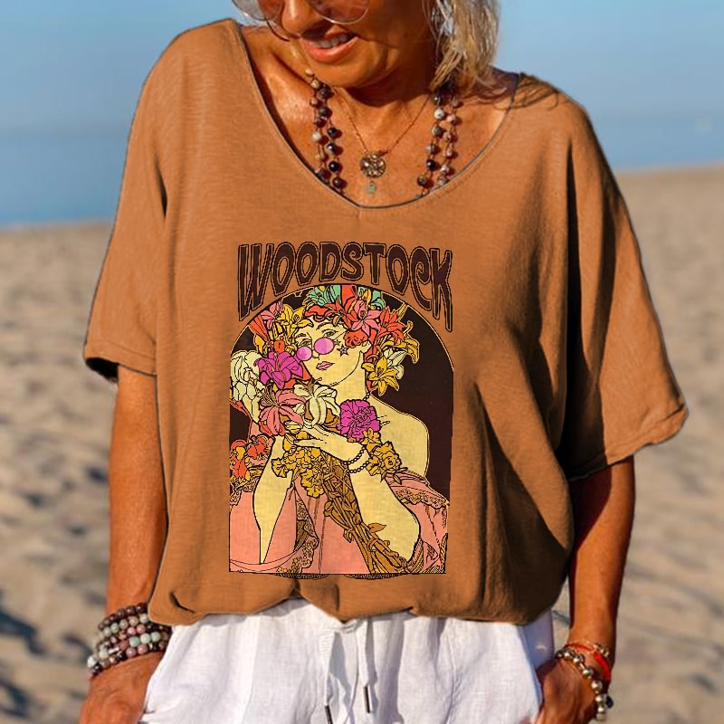 Woodstock Printed Hippie V-neck T-shirt