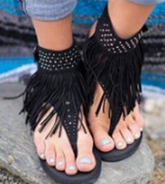 Women's Tassel Sandals Exposed Toe Rhinestone Flip Flop Flat
