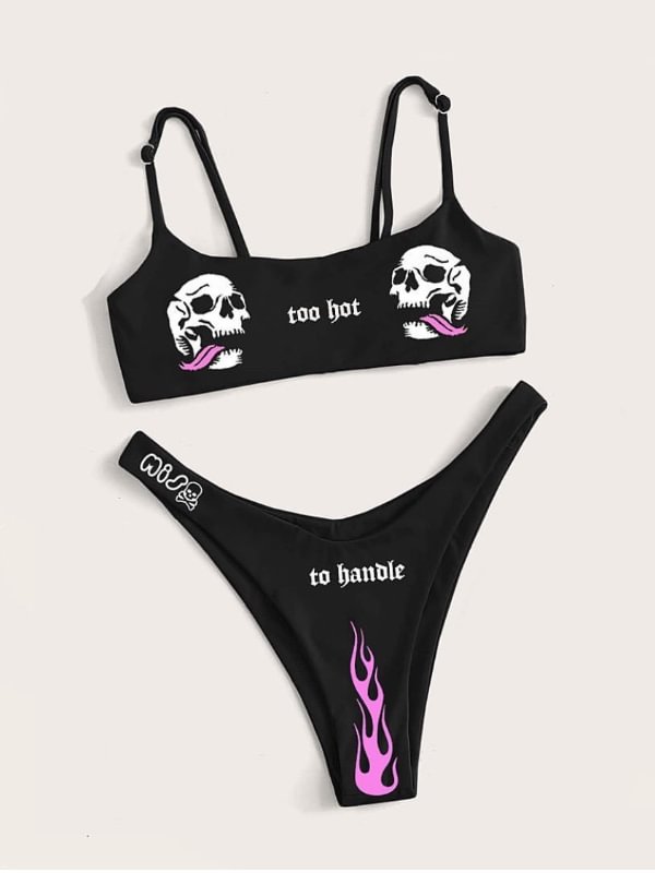Dark Skull&letter Printed Color Block Adjustable Spaghetti Strap Bikini Two-piece Sets Swimwear