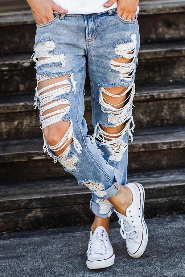 Womens On-trend Ripped Straight Jeans-Allyzone-Allyzone