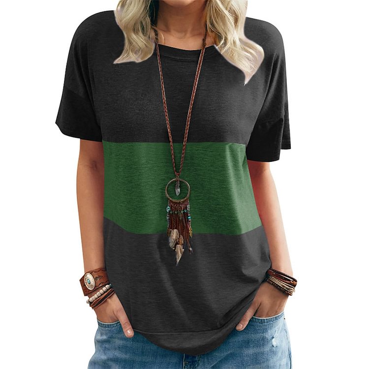Women's casual fashion sexy loose top  Wear Contrast T-shirt Pocket Round Neck Short Sleeve Loose Top