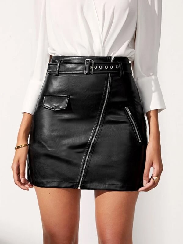 Gothic Dark Solid Color Zipper Pockets High-rise PU Leather A-line Skirt with Belt