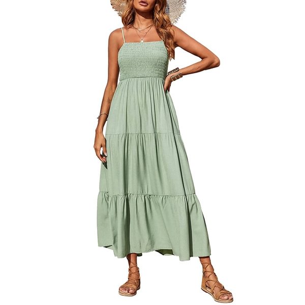 Women's Summer Maxi Dress Casual Boho Sleeveless Spaghetti Strap Smocked Tiered Long Beach Sun Dresses