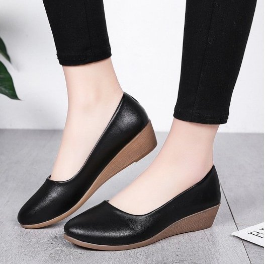 Women's Flats Fashion Wedge Heels  Genuine Leather Shoes Moccasins Round Toe Casual Slip On  Loafers