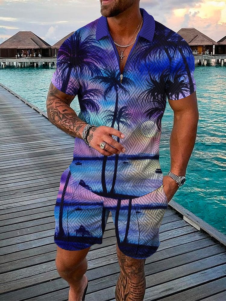 Men's Holiday Coconut Tree Printed Purple Polo Suit