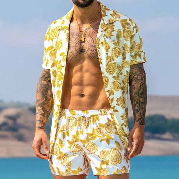 Summer Hawaiian Short Sleeves Beach Holiday Mens Suits Top With Pants Two Pieces Sets