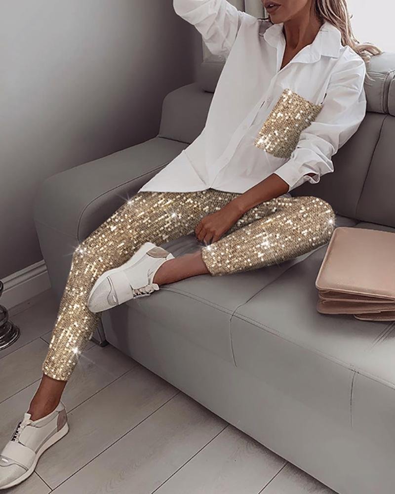 Sequin Long Sleeve Top & Pant Sets P14562