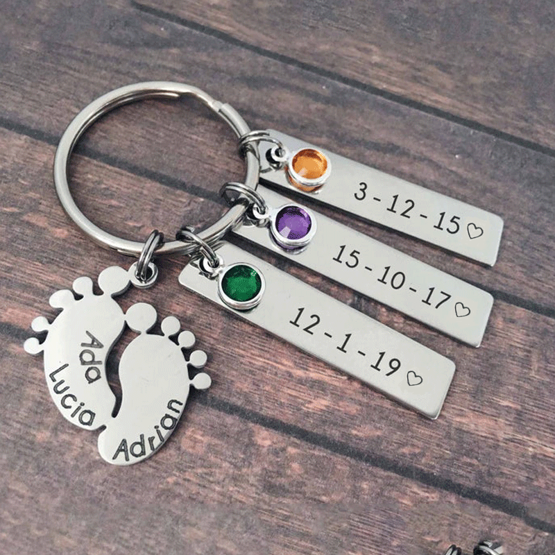 Personalized Baby Feet Keychain With 3 Names and 3 Birthstones