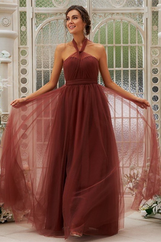 Luluslly Rust Halter Tulle Long Bridesmaid Dress