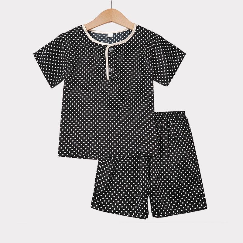 Pyjama en soie noir imprimé à pois pour les enfants-Soie Plus