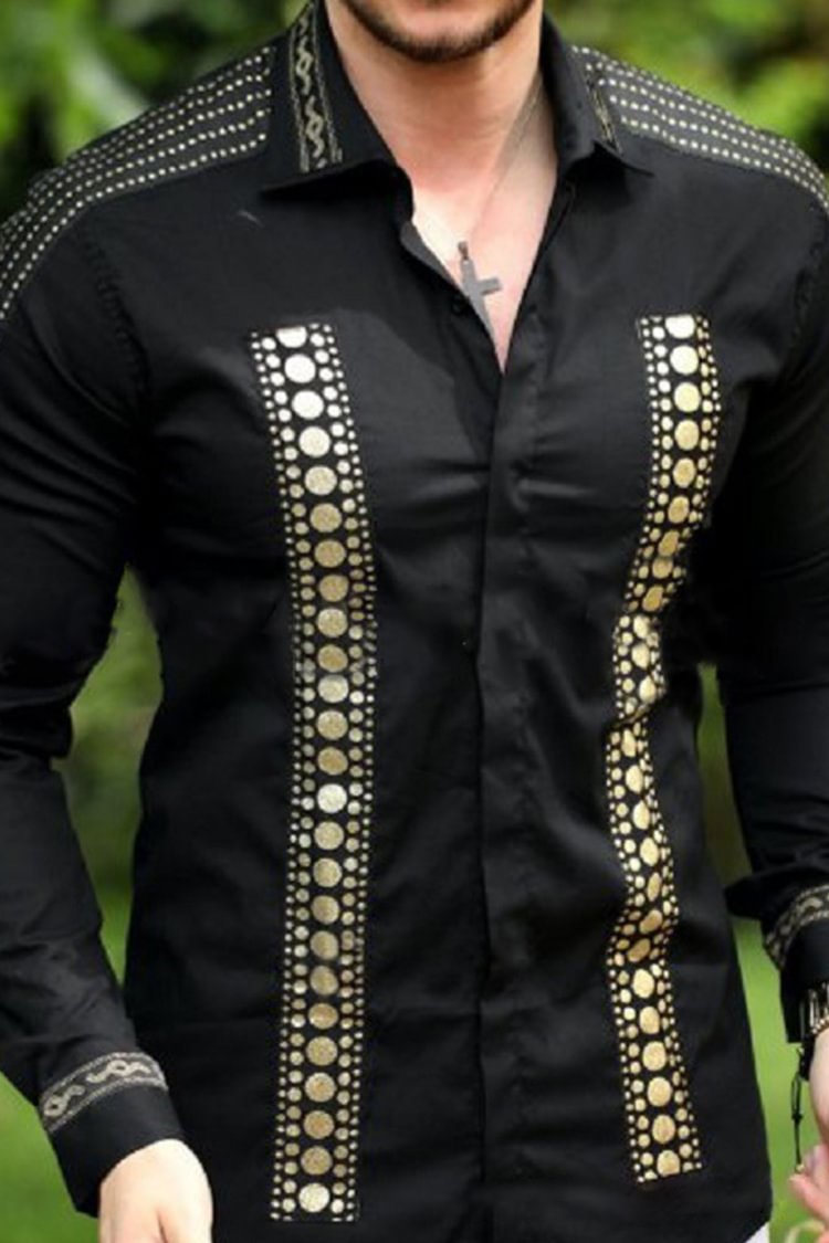 Tiboyz Men's Casual Black Gold Print Shirt