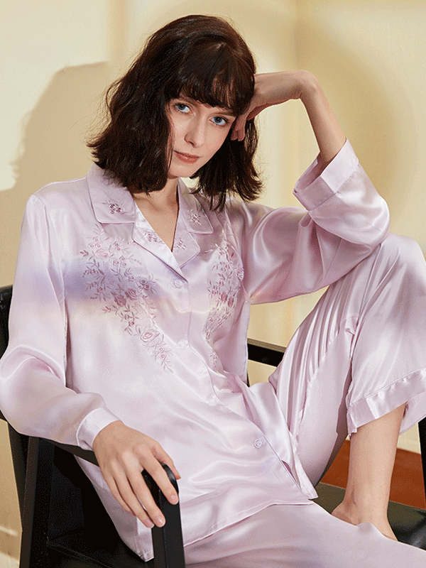 22 Momme Classic Floral Embroidered Silk Pajamas Set For Women 丨 Multiply Colors Selected-Real Silk Life