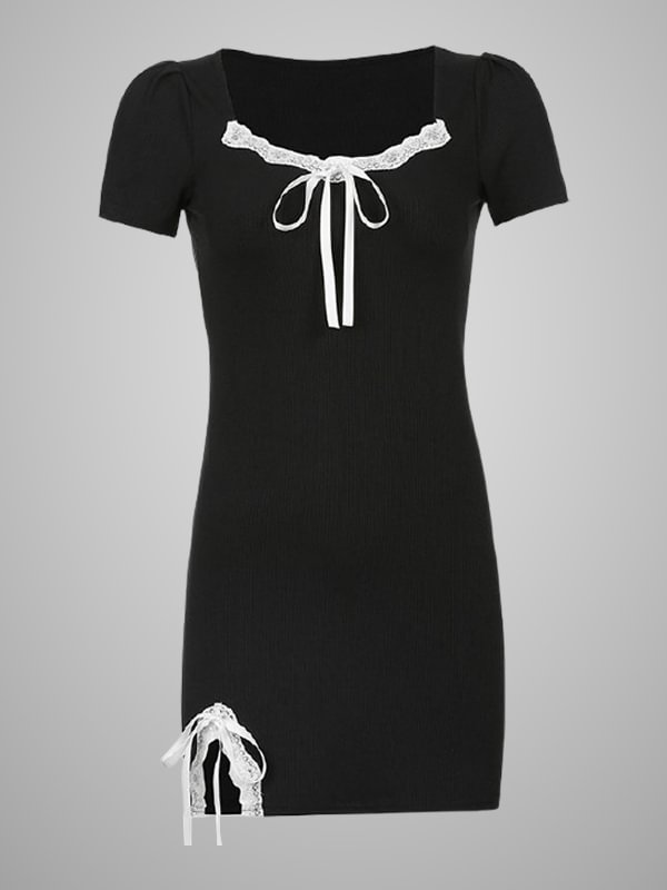 Contrasting Bow Short Sleeve Split Dress