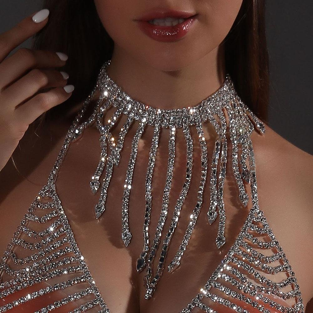 Luxury Full Rhinestone Tassel Crystal Chain Choker  Necklace-VESSFUL