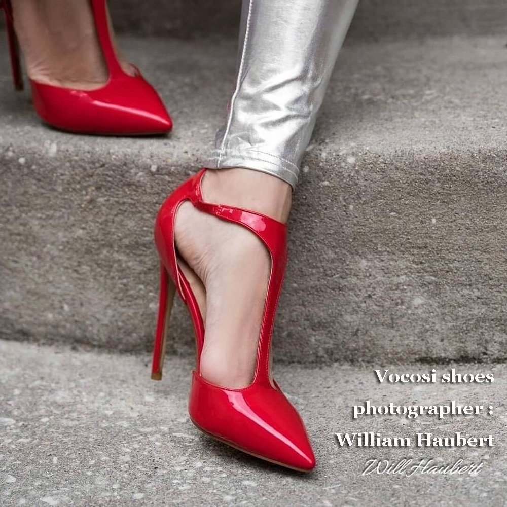 120mm Womens T-Strap Pumps Pointed Toe Ankle Strap Buckle High Heels Pumps For Party-vocosishoes