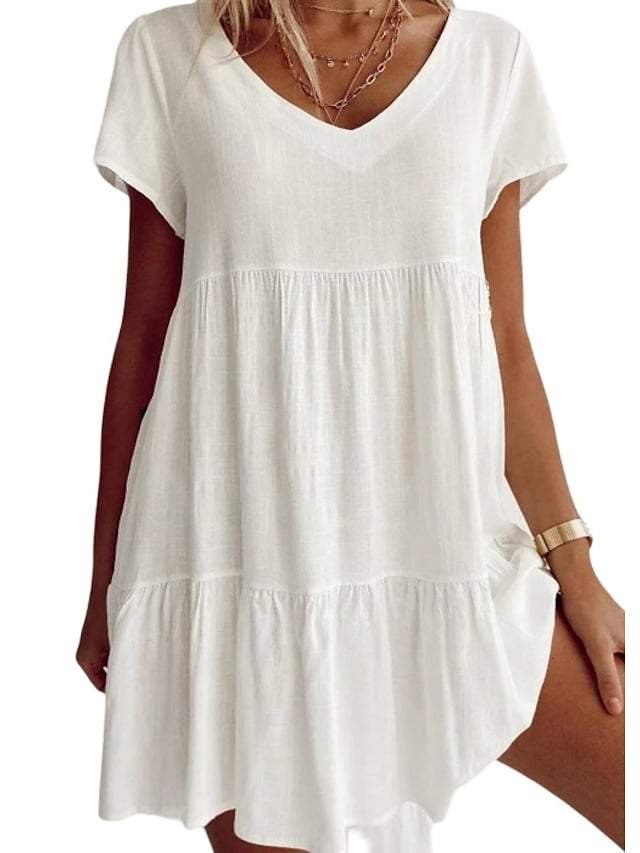 Women's A Line Dress Short Mini Dress White Short Sleeve Solid Color Fall Summer V Neck Elegant Casual 2021 S M L XL-Corachic