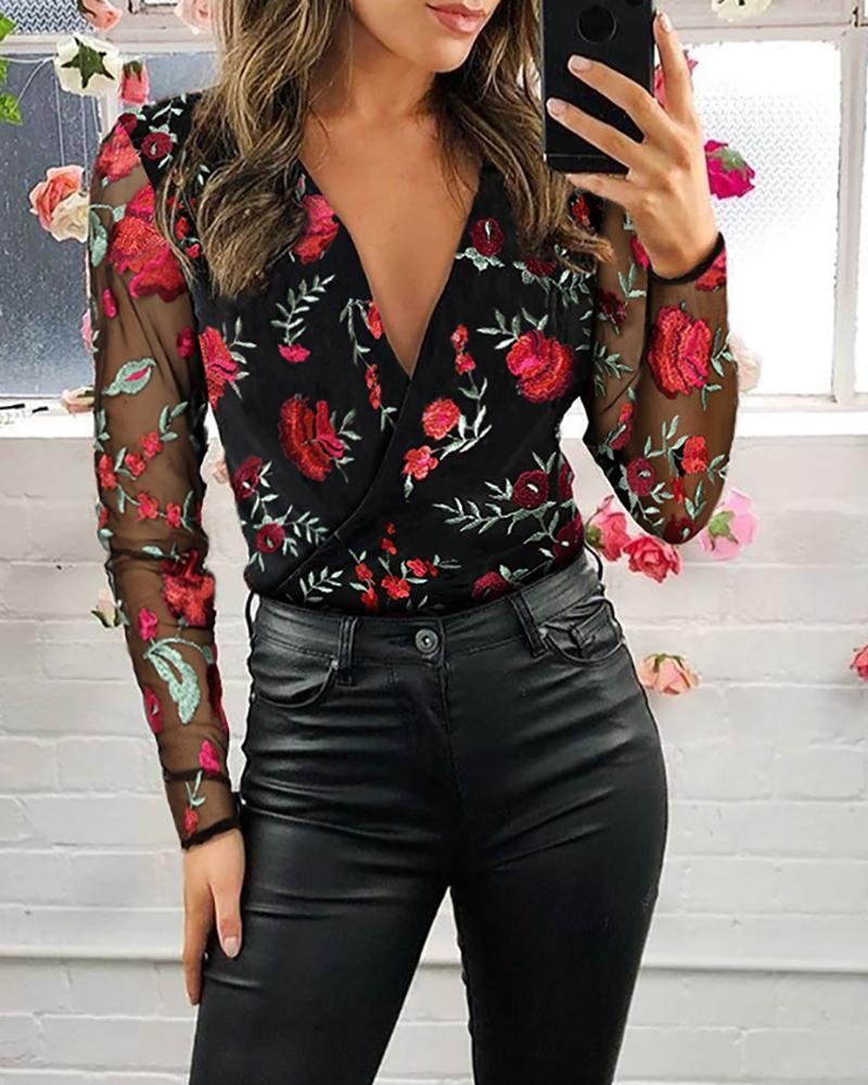 Mesh Floral Embroidery Plunge Blouse P13435
