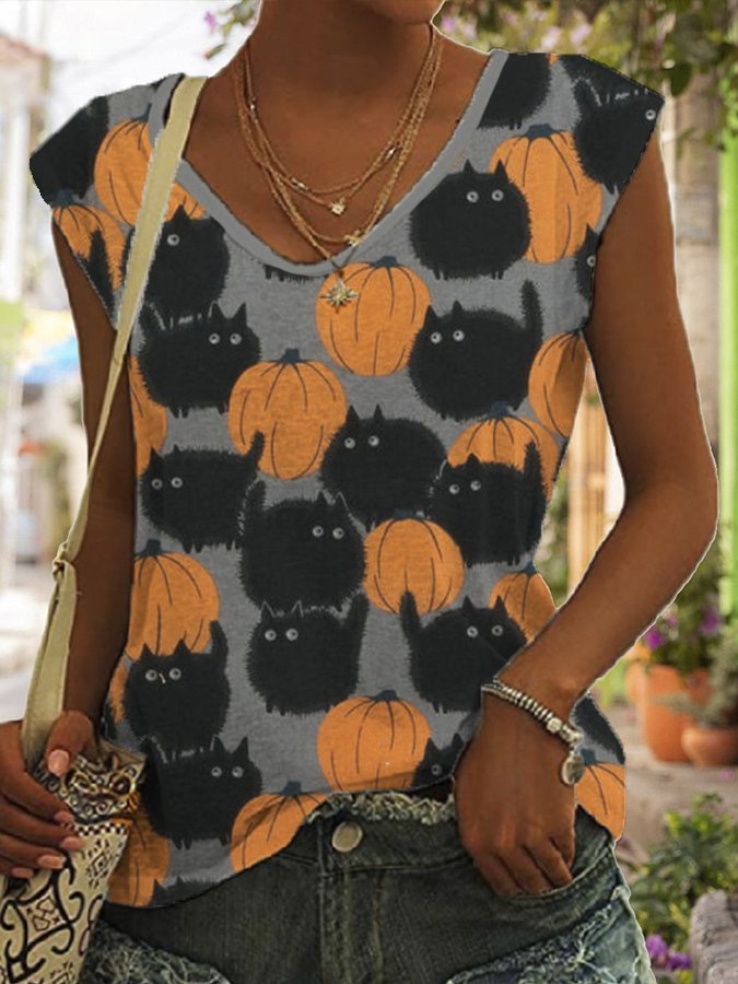 Women's Halloween Black Cat Pumpkin Print T-Shirt