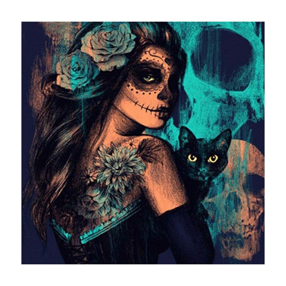 Full Round Diamond Painting Skull Girl with Cat (30*30cm)