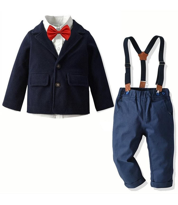 Boys Suit Blue Blazer White Shirt And Suspender Pants 4 Pieces Outfit-Mayoulove