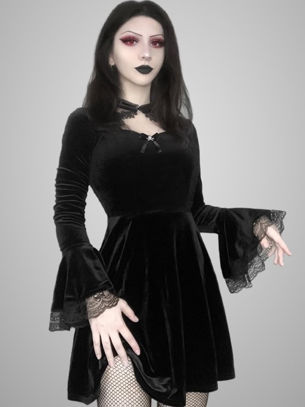 Goth Cutout Lace High Waist Bell Sleeve Dress
