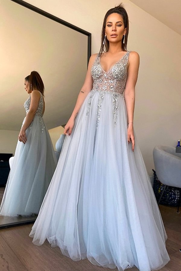 Luluslly V-Neck Sleeveless Prom Dress With Crystals