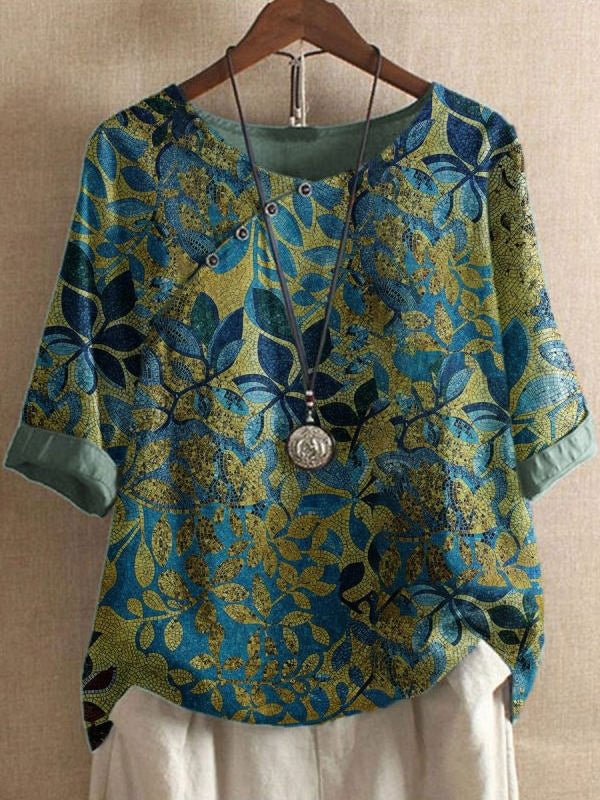 Solid Printed Round Neck 3/4 Sleeve Linen Shirt