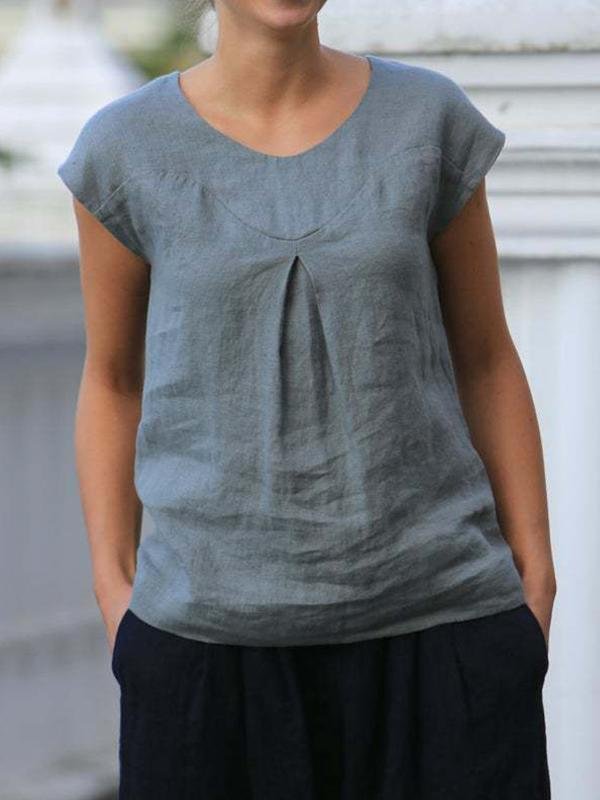 Ladies casual loose solid color cotton and linen shirt-Mayoulove