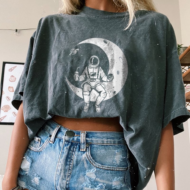   Moon astronauts print loose T-shirt  - Neojana