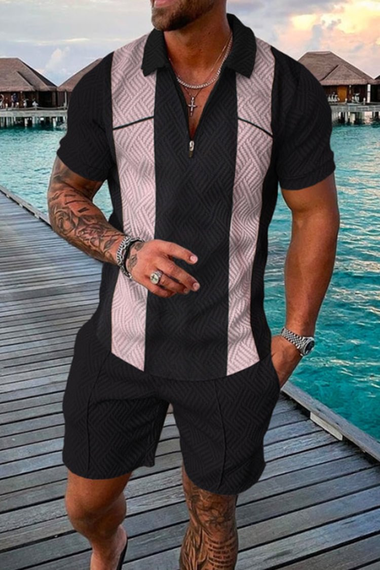 Tiboyz Fashion Men Colorblock Casual Short Sleeve Polo Shirt Set
