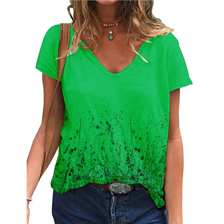 Women's printed loose V-neck short-sleeved T-shirt