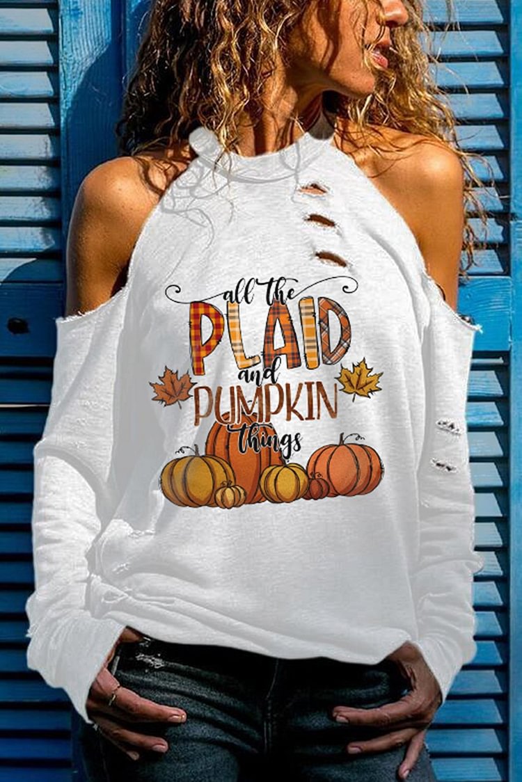 Women's Sweatshirts Pumpkin Letter Print Cold Shoulder Sweatshirt-Mayoulove