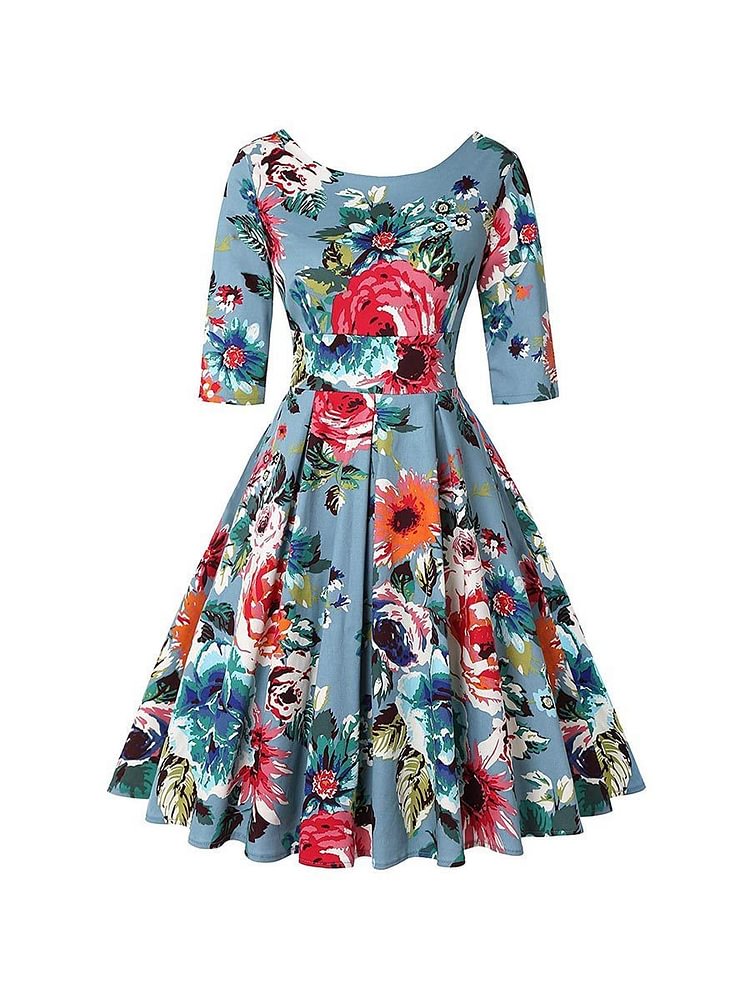 Mayoulove Court Style Dress Vintage Print Seven Points Sleeve Swing Dress-Mayoulove