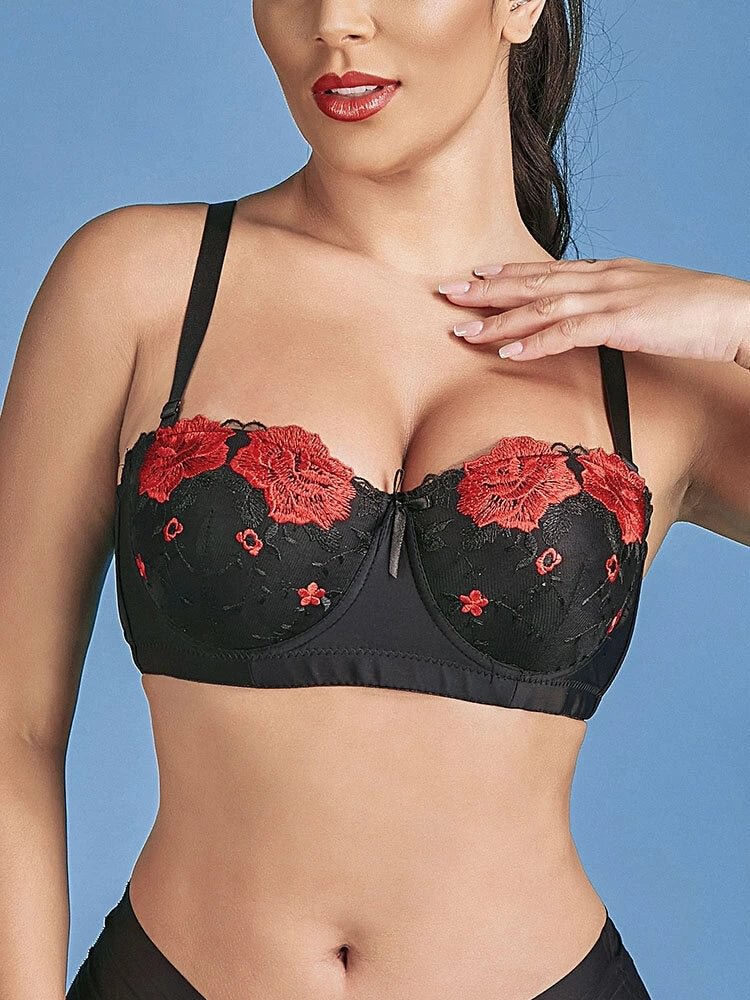 (C Cup)Women Flower Embroidery Breathable Underwire Bra