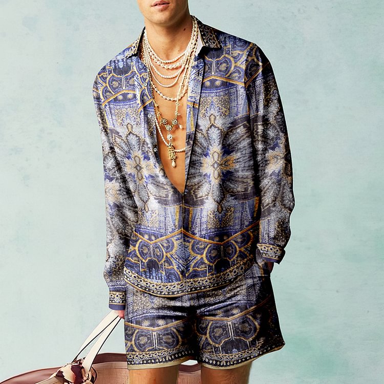 BrosWear Luxury Holiday Grey Blue Beach Shirt And Shorts Two Piece Set