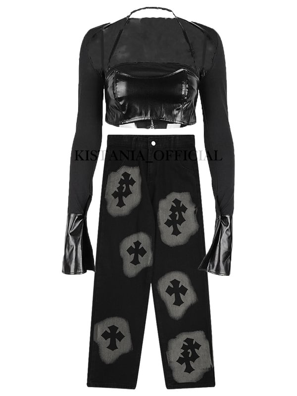 Sexy Cool Paneled Halter PU Crop Top with A Cape + Cross Color Block Straight Loose Pants 2-piece Sets