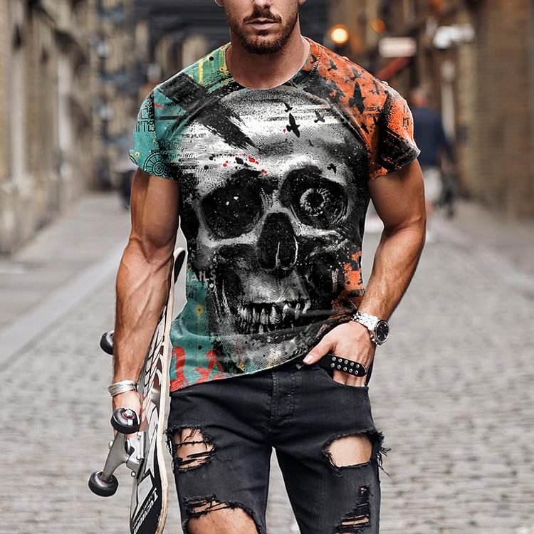 BrosWear Skull Colorblock Casual Short Sleeve T-Shirt