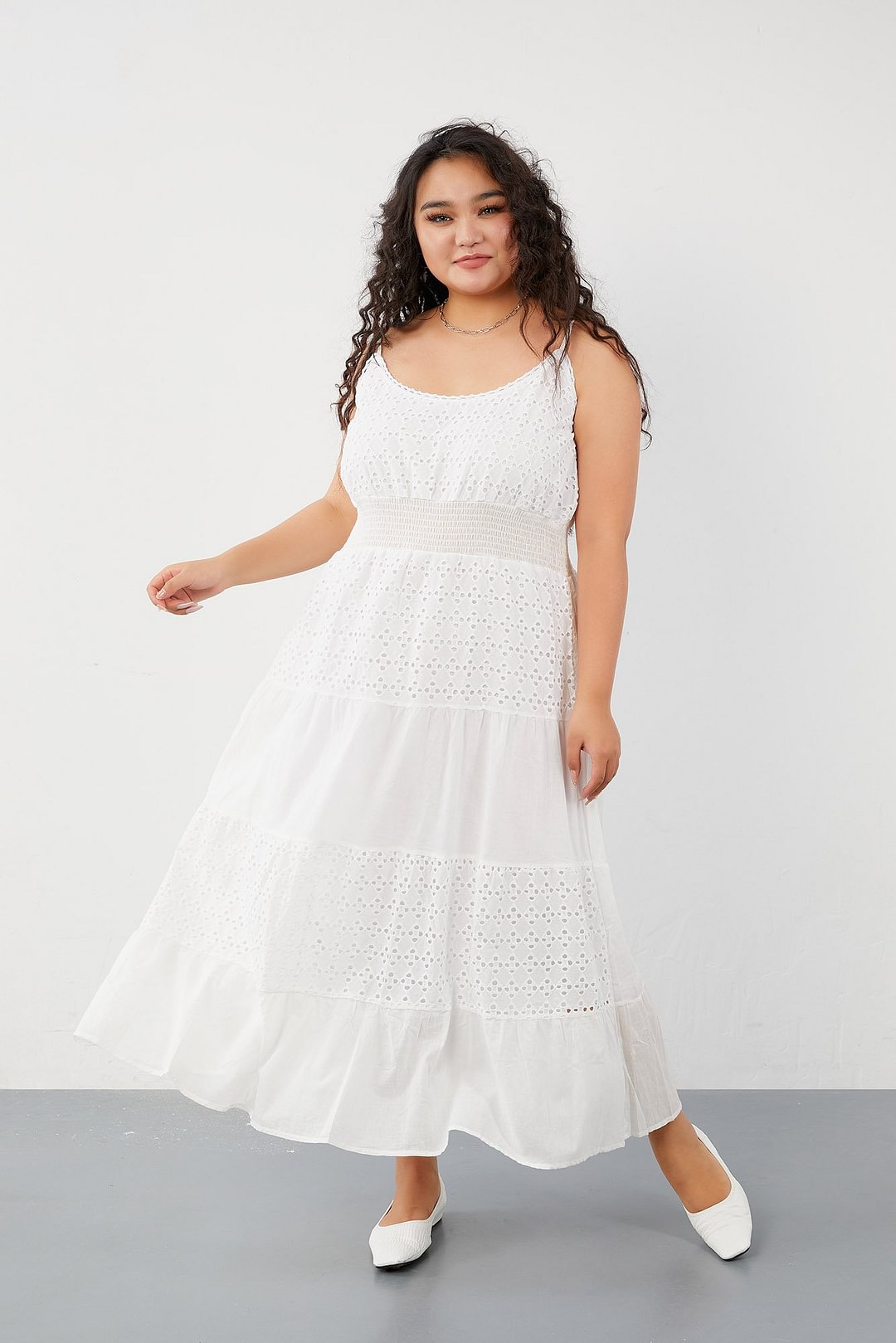 White Openwork Cotton Sleeveless Dress P16387