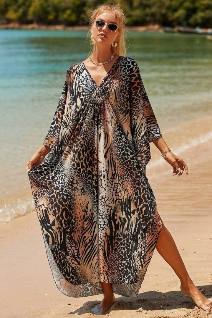 Ceceliam Print Bat V-Neck On-trend Side Slit Beachwear